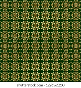 Green and golden pattern. Oriental vector classic pattern. Seamless abstract pattern with golden repeating elements on green backdrop.