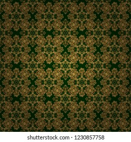 Green and golden pattern. Oriental vector classic pattern. Seamless abstract pattern with golden repeating elements on green backdrop.