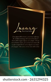 Verde e Dourado Real Salvar a Data, Premium Convite Fundo com Textura Artística. Estilo de férias Cena de praia Mailer de viagem noturna
