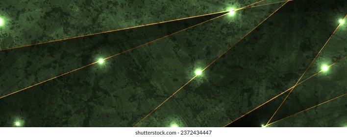 Grün-goldener, glänzender technischer Hintergrund mit leuchtenden Lichtern. Abstraktes Vektorbanner-Design