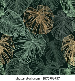 Green And Golden Tropical Leaves On A Dark Green Background. Drawn With Pen And Ink. Monstera Leaf Outlines In Seamless Pattern.  Botanical Background. 