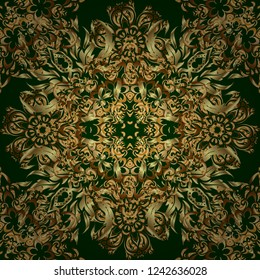 Green and golden vintage textile print. Seamless pattern oriental ornament. Gold tiles with floral motif. Islamic vector design.