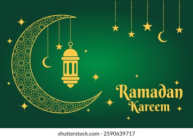 Green and golden yellow Ramadan Kareem greeting card or background with Arabic lantern, crescent moon, and hanging stars.