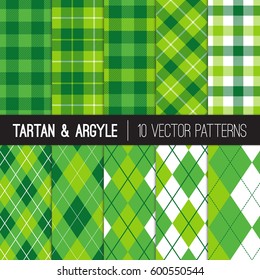 Padrões de xadrez Green Golf Argyle, Tartan e Gingham. Fundos do Dia de São Patrício. Impressões populares de tema esportivo para eventos de golfe de caridade ou decoração de festa de aniversário. Amostras de mosaico de padrão vetorial incluídas.