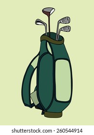 Green golf bag with set of clubs