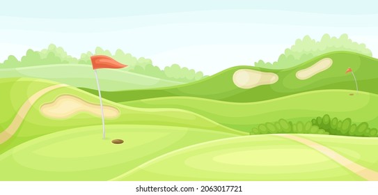 Green golf course with hole, red flag and sand traps. Play tournament, competition invitation card, poster, banner, template vector illustration