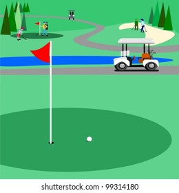 Green golf course.  Illustration of a golf course with people golfing and enjoying the game. There is a trail for the golf carts to use.