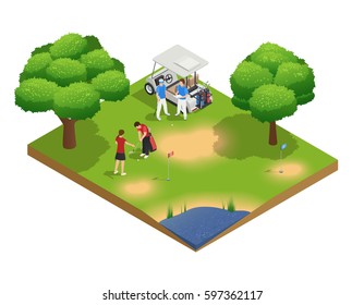 Green golf course isometric top view composition with people golfing and standing near cart vector illustration