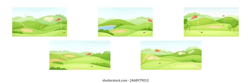 Green Golf Courses with Hole and Red Flag Pole Vector Set