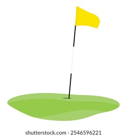 Campo de golfe verde e bandeira de golfe amarela isolados no fundo branco. Ilustração vetorial