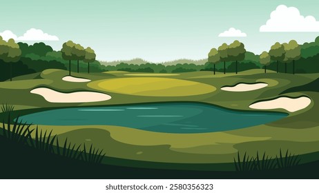 Green Golf Sport Field Nature Landscape with Mountains View in Bright Sky