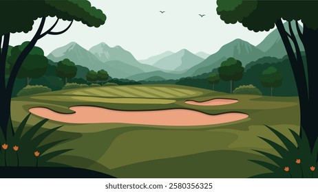 Green Golf Sport Field Nature Landscape with Mountains View in Bright Sky