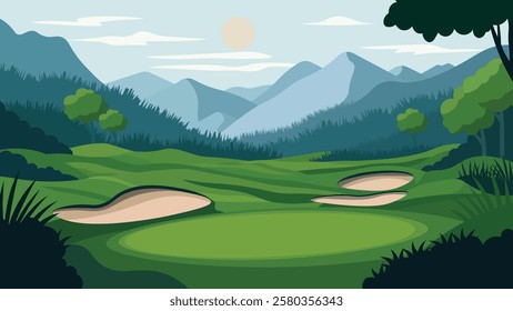 Green Golf Sport Field Nature Landscape with Mountains View in Bright Sky