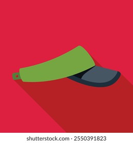 Tampa de viseira de golfe verde com fechamento ajustável snap deitado sobre fundo vermelho, estilo de design plano
