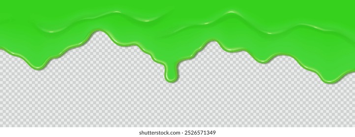 Verde goo gotejamento de ilustração vetor realista. Fluxo de substância viscosa. Líquido de bolha brilhante cai elemento 3d no fundo transparente