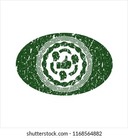 Green good customer feedback icon inside distress rubber seal with grunge texture