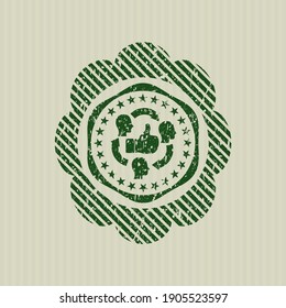 Icono verde de buena reacción del cliente dentro de la angustia con textura de sello de goma. 