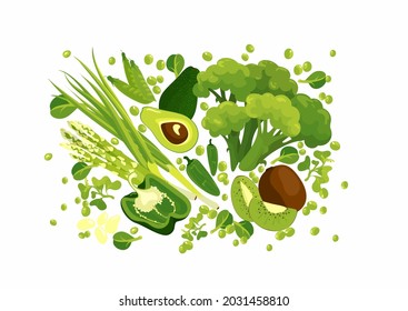 Green goods, fresh vegetables, green-stuff big vector set isolated. Avocado, pees bell pepper jalapeno green onion spinach cress salad, asparagus, broccoli, vitamin splash, salad. Banner advertising 