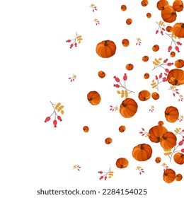 Green Gourd Background White Vector. Pumpkin Cute. Orange Vibrant Frame. Floral Banner. Burgundy Rowan Season Illustration.