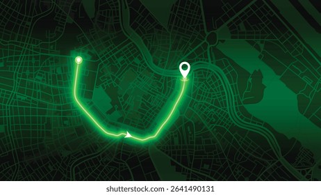 Green GPS Route on Vienna map at Night — Navigation and Location Concept