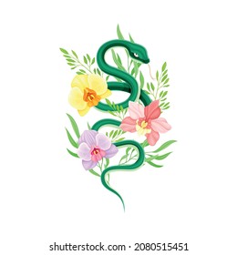 Green graceful snake coiled around beautiful tropical flowers vector illustration
