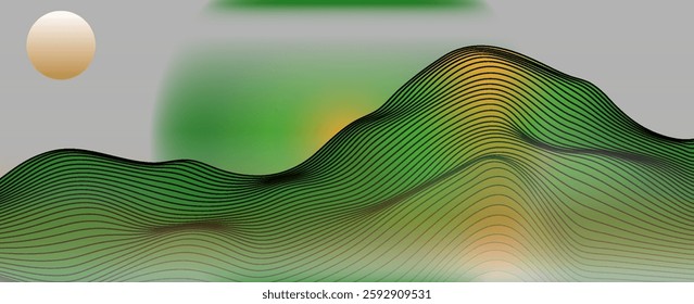 green gradient abstract line art mountain landscape seen from room window. Vector illustration