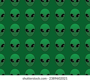 Green gradient alien head seamless pattern. The face of an alien on a green background.