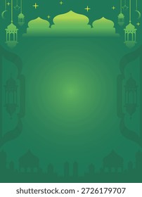 Marco de fondo degradado verde con silueta de mezquita, linterna y estrellas dispersas para tarjetas de felicitación, anuncios, Panfletos con temática de Ramadán y otras fiestas islámicas.