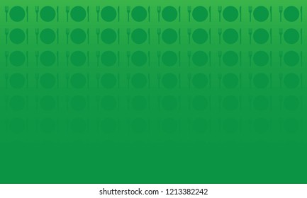 Green gradient background with plate, fork and knife icons. Backdrop or pattern of kitchen items with copyspace for your text. Vector kitchen or food background.