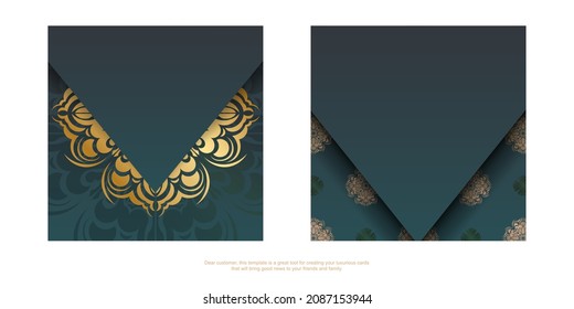 Green gradient brochure with abstract gold ornament typography-ready.