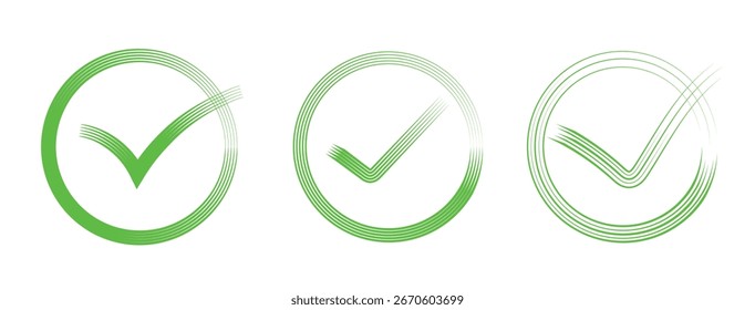 Green gradient check mark icons set. Circular approved tick symbol collection. Modern verified sign illustration
