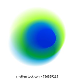 Green gradient circle isolated on white background. Blue radial spot with round peacock colored texture. Turquoise blurred hole vector pattern.