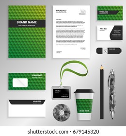 Green gradient Corporate identity template set. Business stationery mock-up with logo. Branding design. Geometric background.