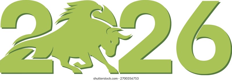 Um gráfico de gradiente verde do ano de 2026 com uma silhueta dinâmica de um cavalo integrado no design.
