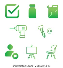 Green Gradient Icon Set – Tools, Furniture, and Essentials in Vector Style