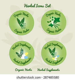 Green gradient labels/icons with herbs. Can be used for herbal products, supplements.