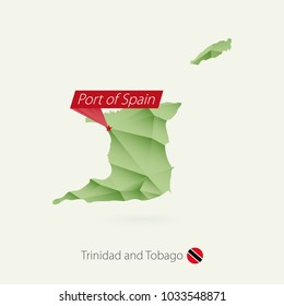 Green gradient low poly map of Trinidad and Tobago with capital Port of Spain