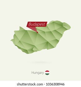 Green gradient low poly map of Hungary with capital Budapest