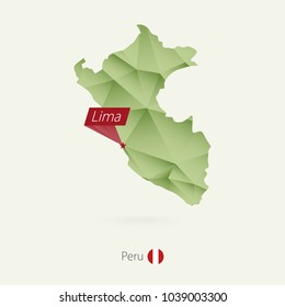 Green gradient low poly map of Peru with capital Lima