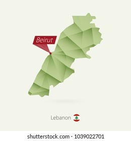 Green gradient low poly map of Lebanon with capital Beirut