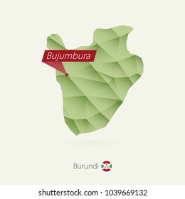 Green gradient low poly map of Burundi with capital Bujumbura