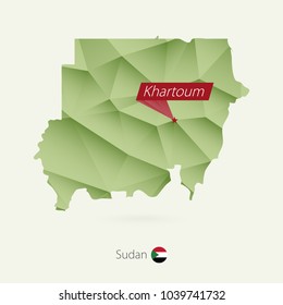 Green gradient low poly map of Sudan with capital Khartoum