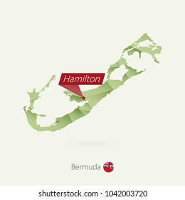 Green gradient low poly map of Bermuda with capital Hamilton