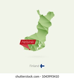 Green gradient low poly map of Finland with capital Helsinki