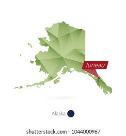 Green gradient low poly map of Alaska with capital Juneau