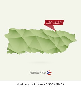 Green gradient low poly map of Puerto Rico with capital San Juan