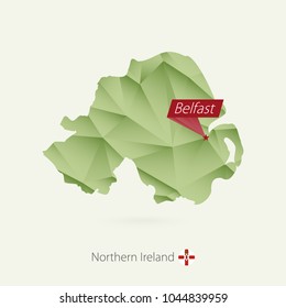 Green gradient low poly map of Northern Ireland with capital Belfast