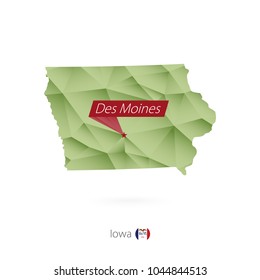 Green gradient low poly map of Iowa with capital Des Moines