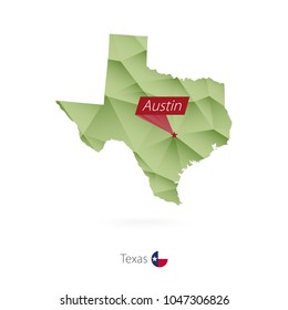 Green gradient low poly map of Texas with capital Austin