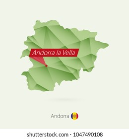 Green gradient low poly map of Andorra with capital Andorra la Vella